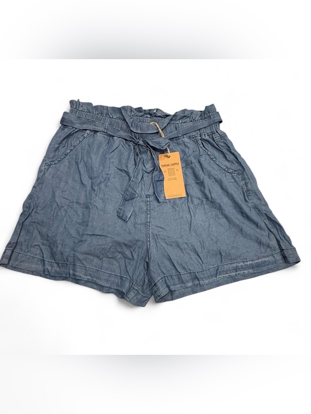 Paperbag Waist Chambray Women's Shorts - Blue